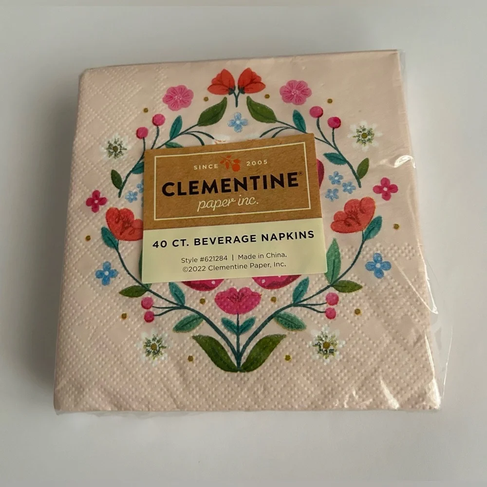 New 40 Pink Paper Beverage Napkins Clementine Butterflies Flowers Leaves